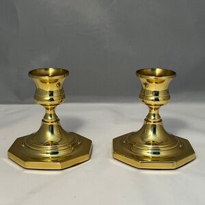 Vtg Baldwin Brass Pair of Taper Candlestick Holders Octagon Base 3" Tall EUC